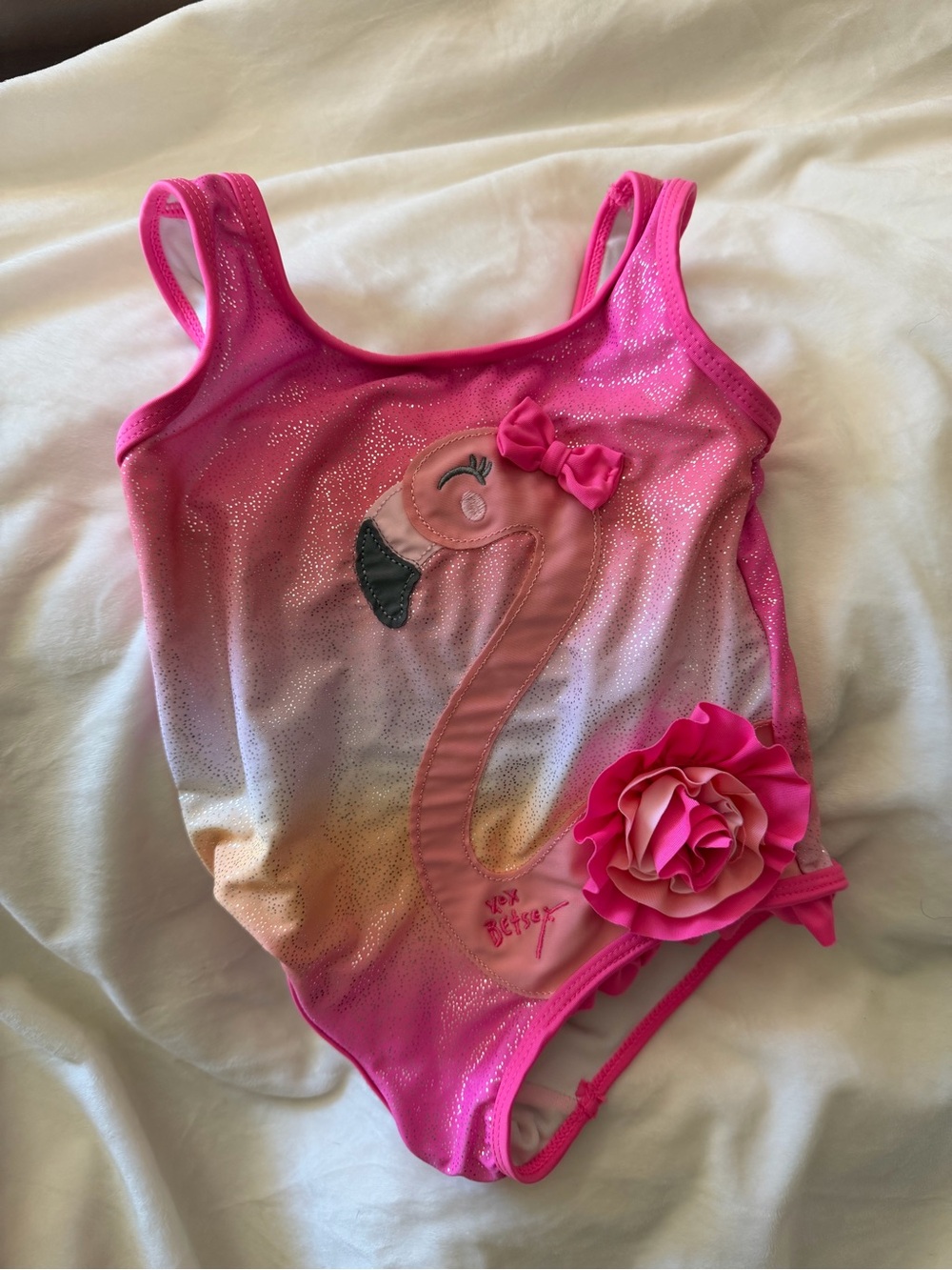 Betsey Johnson Pink Flamingo One-Piece Swimsuit with Flower Accent